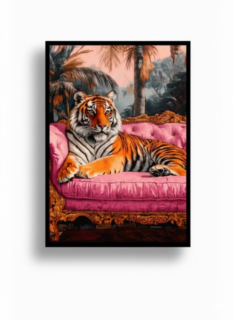Royal Tiger on Pink Sofa Wall Art Frame  | Tiger on Pink Sofa with Tropical Background | 60 × 40 cm (Vertical) - Image 1